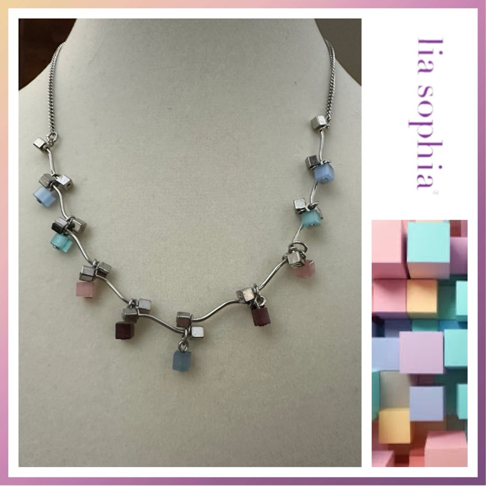 Lia Sophia CHATTERBOX Necklace.  Pastel and Silver Tone Cubes. 15-18”